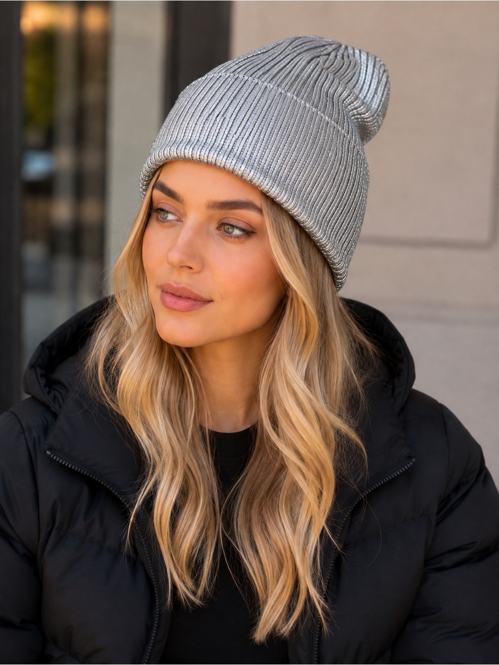Zara Accessories Metallic Silver Ribbed Knit Beanie – Size M